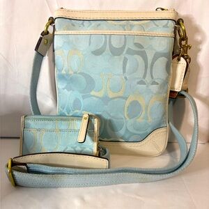 Coach Light Blue and Cream Signature Crossbody Bag with Card Wallet